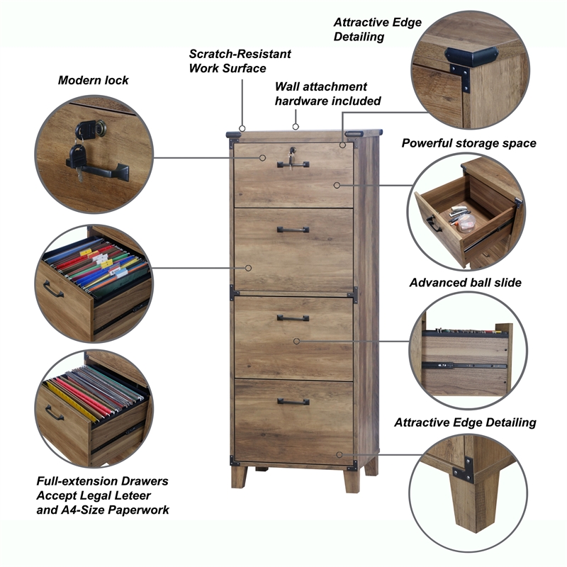 Pemberly Row Engineered Wood 4-Drawers Lateral File in Rustic Oak