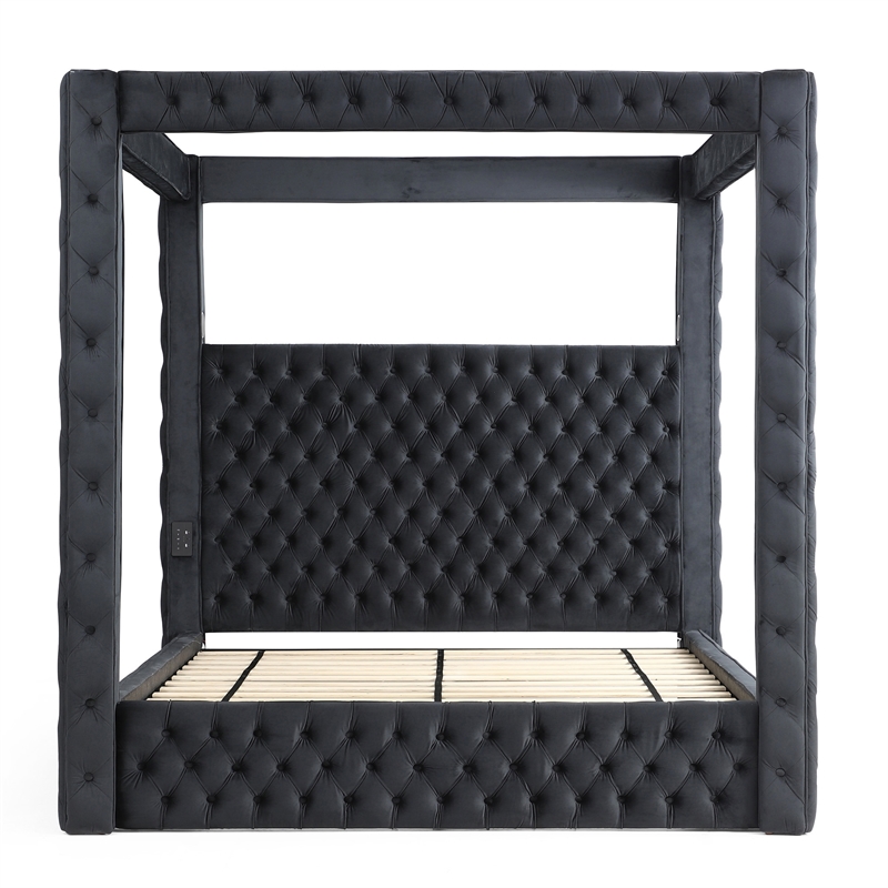 Pemberly Row 86.5 x 89 Velvet Upholstered King Canopy Bed in Black