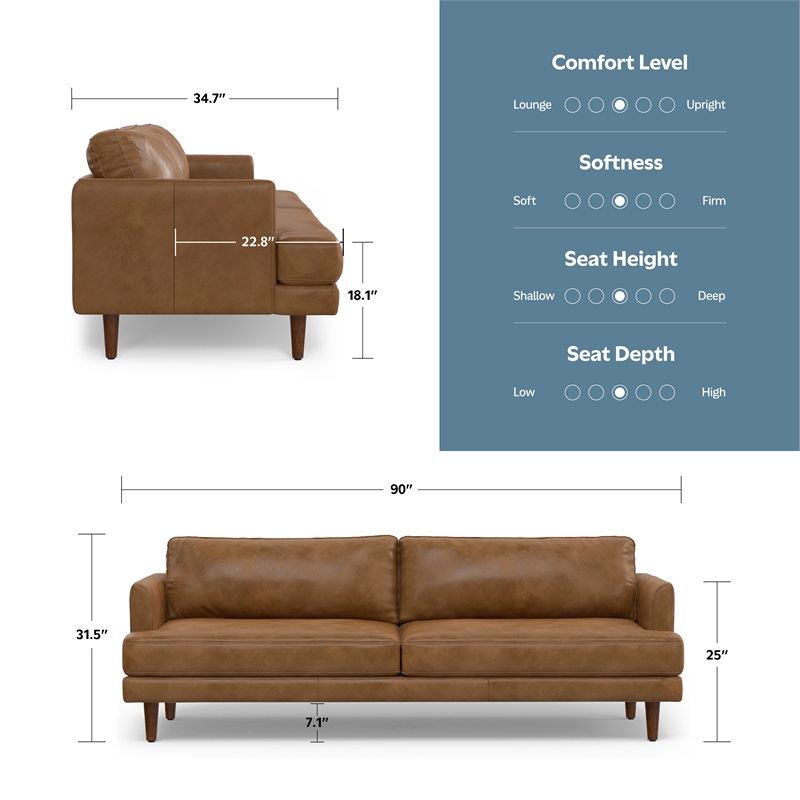 Pemberly Row Mid-Century 90inch Wide Sofa in Caramel Brown Genuine Leather
