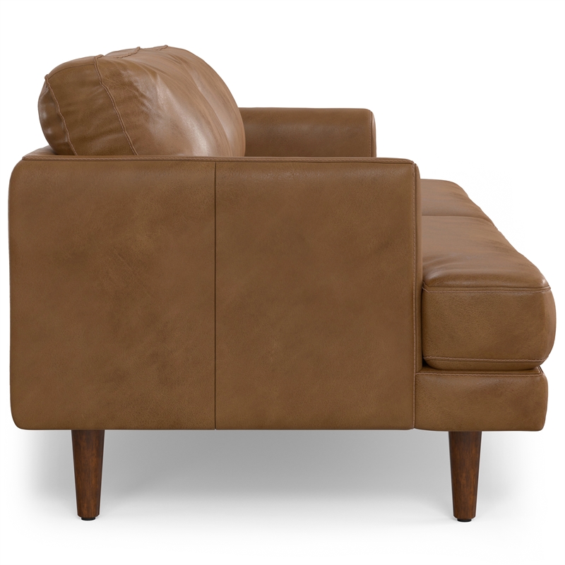 Pemberly Row Mid-Century 90inch Wide Sofa in Caramel Brown Genuine Leather