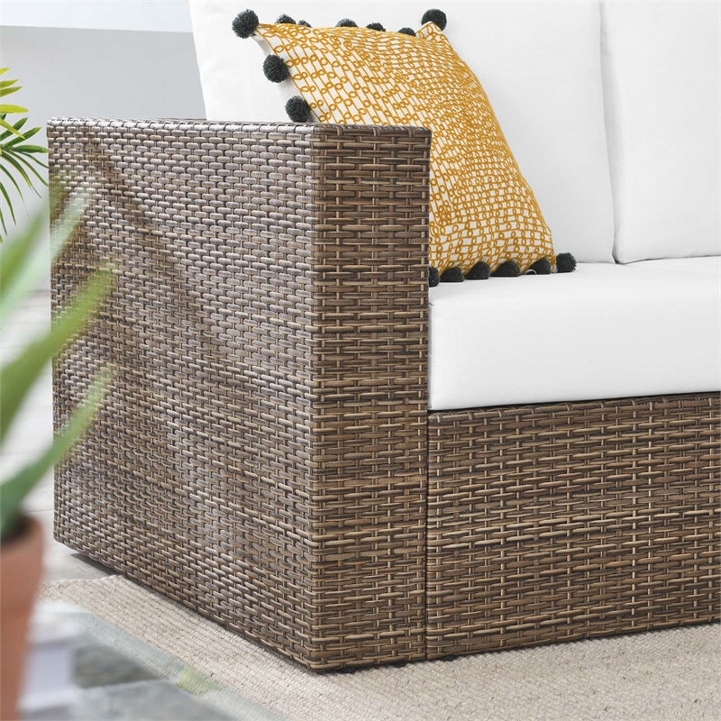 Pemberly Row Outdoor Synthetic Rattan Loveseat in Cappuccino/White