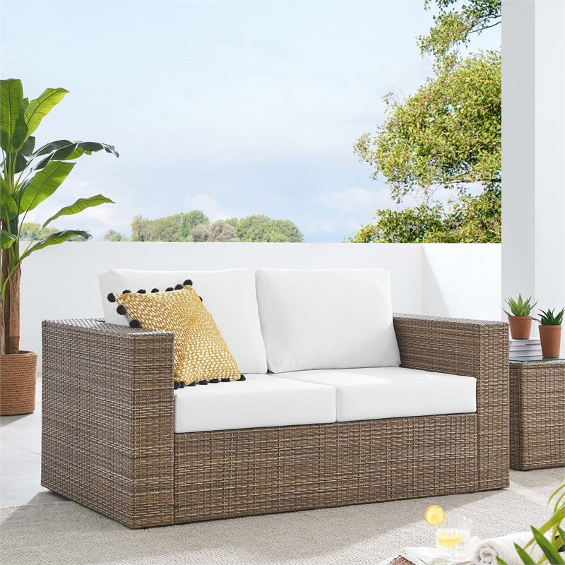 Pemberly Row Outdoor Synthetic Rattan Loveseat in Cappuccino/White