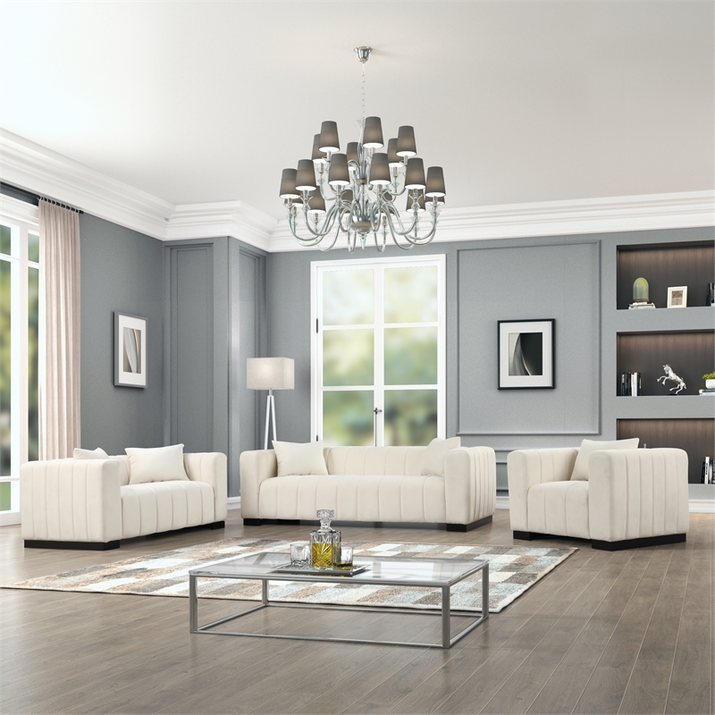 Pemberly Row 3-PC Living Room Furniture Velvet Sofa+Loveseat+Armchair Set-Beige