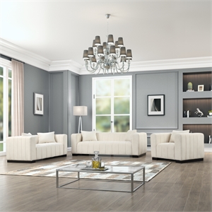 Pemberly Row 3-PC Living Room Furniture Velvet Sofa+Loveseat+Armchair Set-Beige
