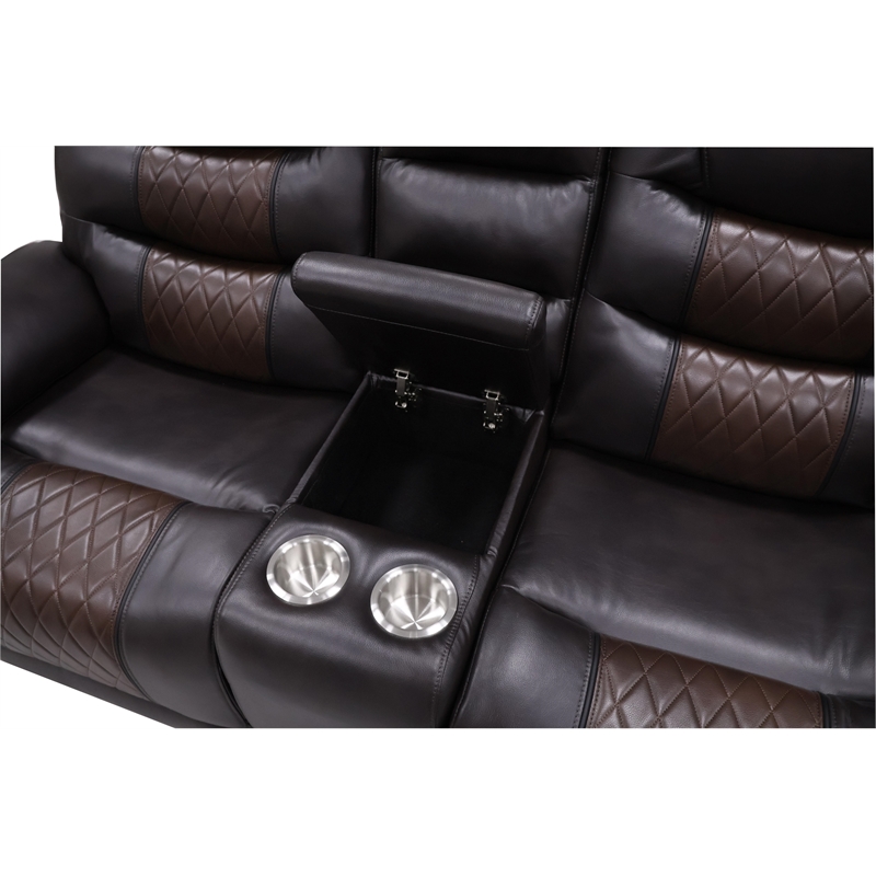 Pemberly Row Leather Console Loveseat with Power Footrest in Brown