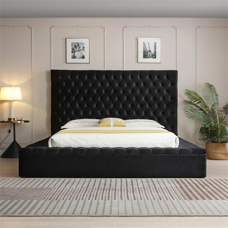 Pemberly Row King Velvet Tufted Upholstered Storage Platform Bed in Black