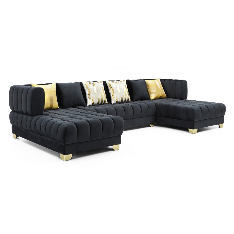 Pemberly Row Black Velvet U-Shaped Double Chaise Sectional Sofa