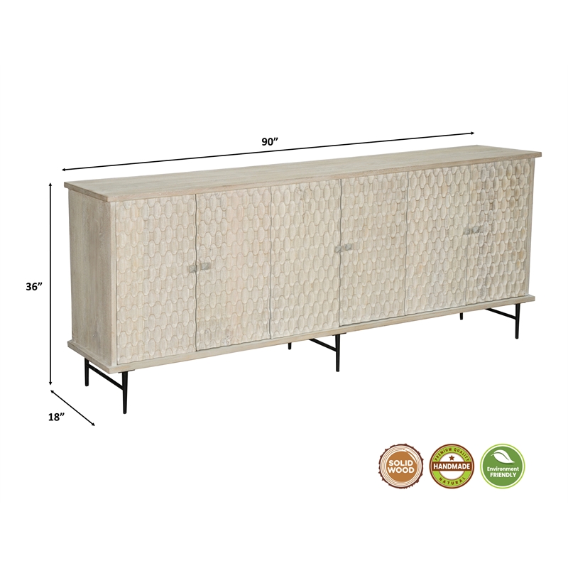 Pemberly Row 6-door Geometric Pattern Solid Wood Sideboard in White