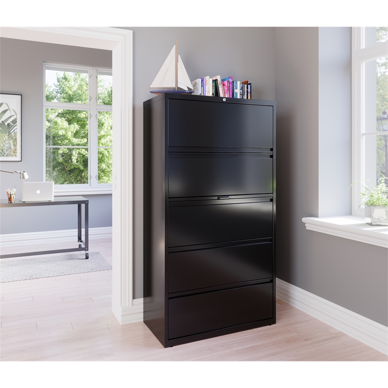 Pemberly Row 36-in Wide Metal 5 Drawer Lateral Filing Cabinet Black