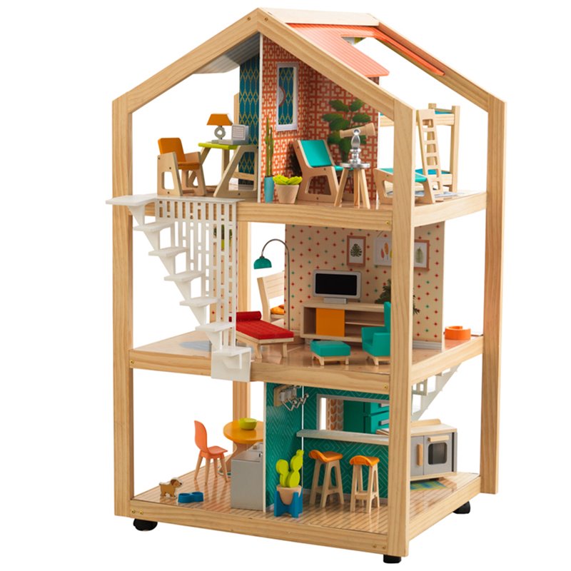 Pemberly Row 42 Piece So Stylish Mansion Wood Dollhouse in White and Natural