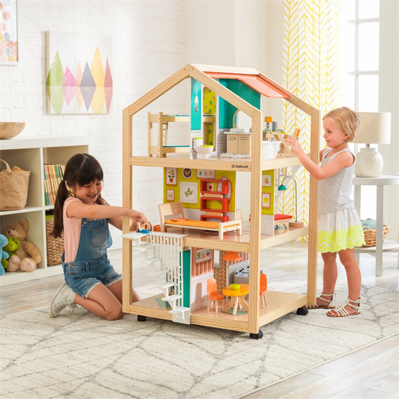 Pemberly Row 42 Piece So Stylish Mansion Wood Dollhouse in White and Natural