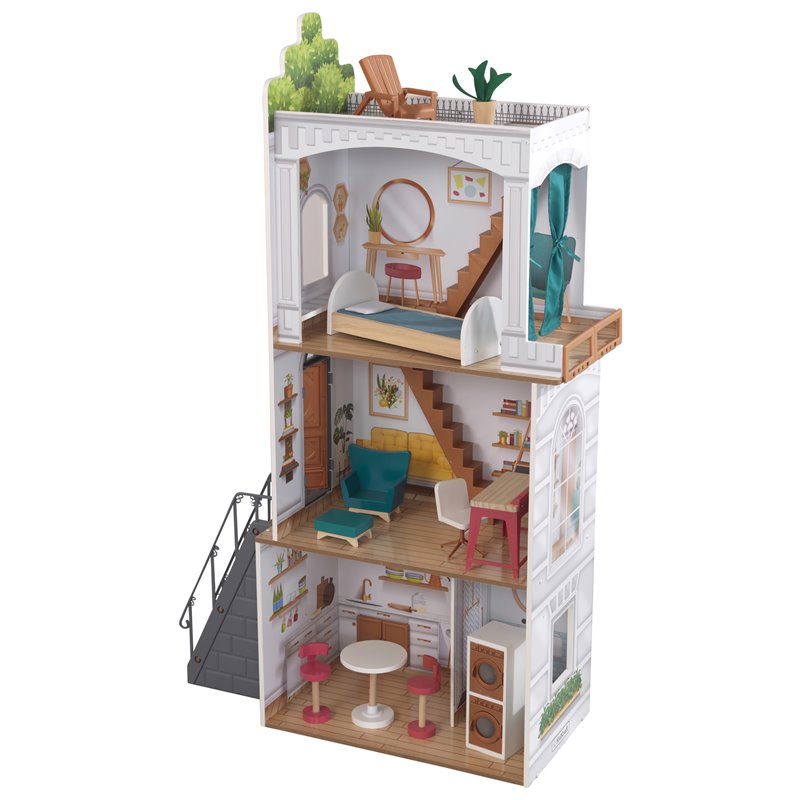 Pemberly Row Modern 13 Piece Wooden Plastic Townhome Dollhouse