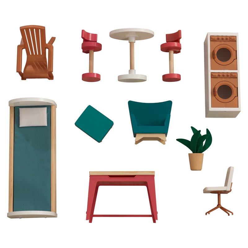 Pemberly Row Modern 13 Piece Wooden Plastic Townhome Dollhouse