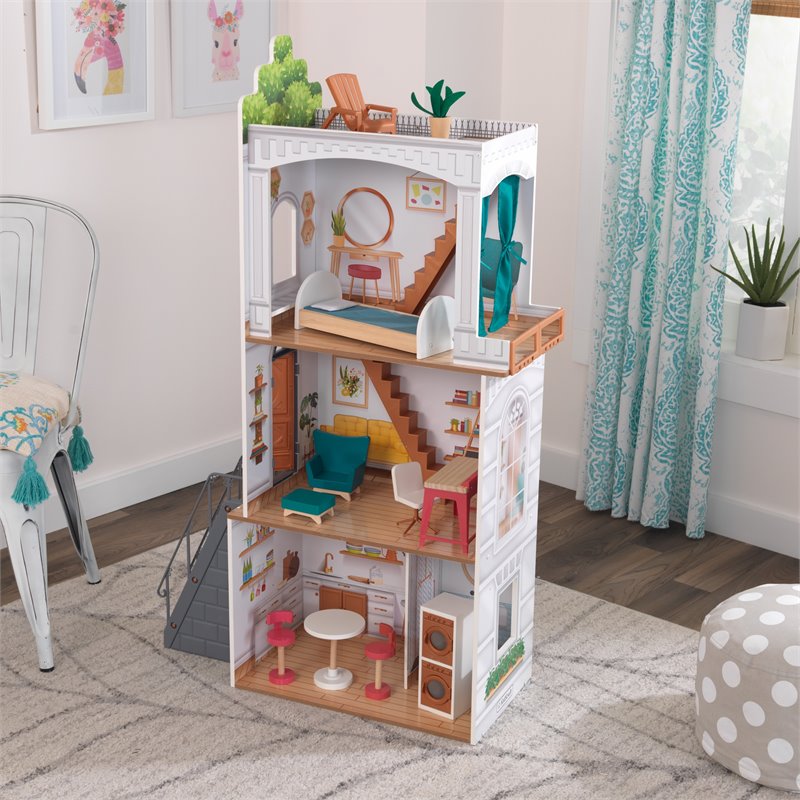 Pemberly Row Modern 13 Piece Wooden Plastic Townhome Dollhouse