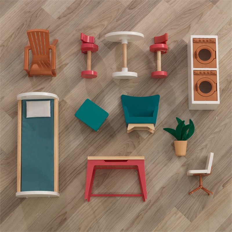 Pemberly Row Modern 13 Piece Wooden Plastic Townhome Dollhouse