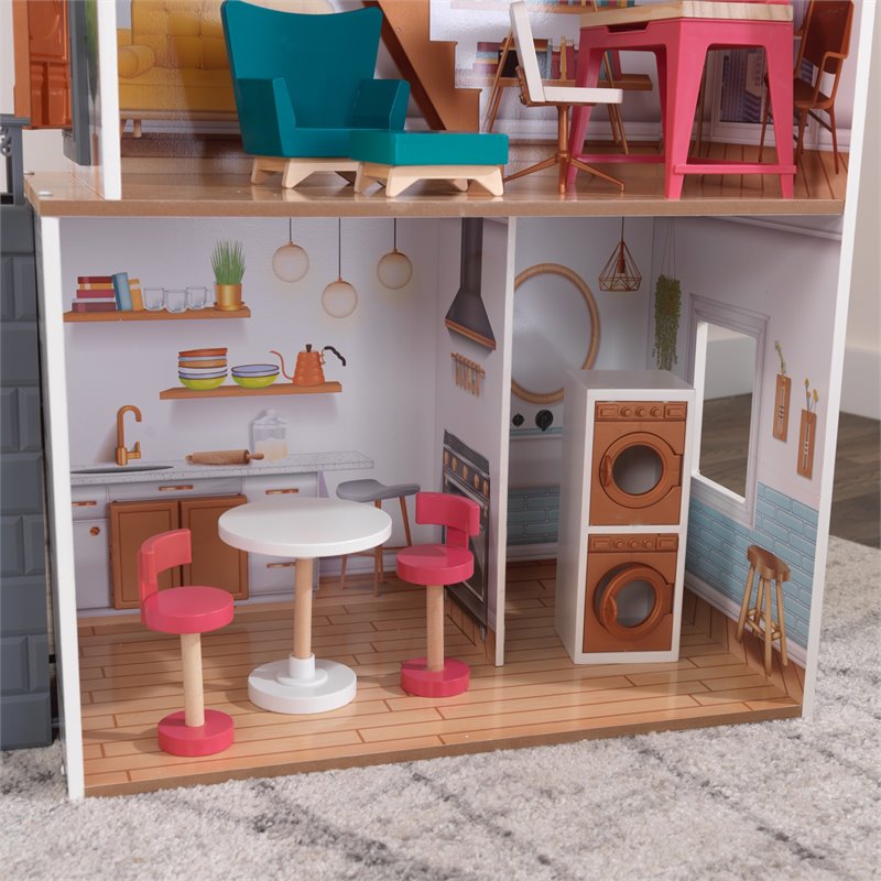 Pemberly Row Modern 13 Piece Wooden Plastic Townhome Dollhouse
