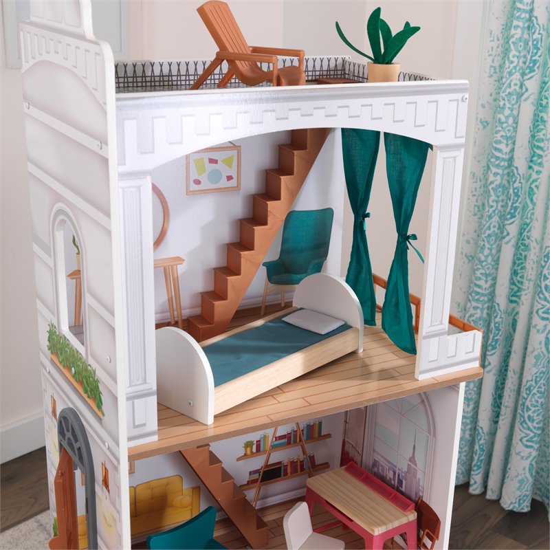 Pemberly Row Modern 13 Piece Wooden Plastic Townhome Dollhouse