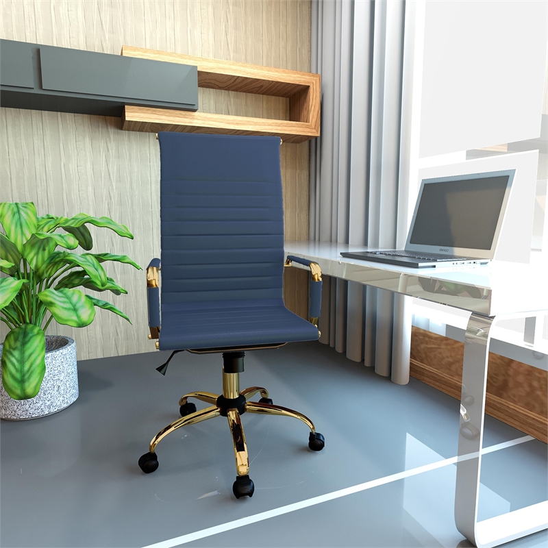 Pemberly Row High-Back Leather Office Chair With Gold Frame in Navy Blue