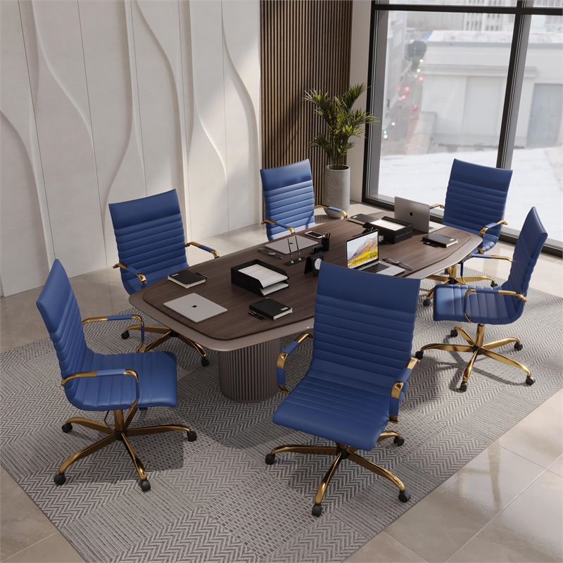 Pemberly Row High-Back Leather Office Chair With Gold Frame in Navy Blue