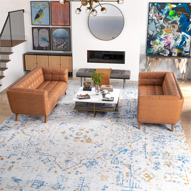 Pemberly Row Mid-Century Modern Leather Sofa Set in Cognac Tan