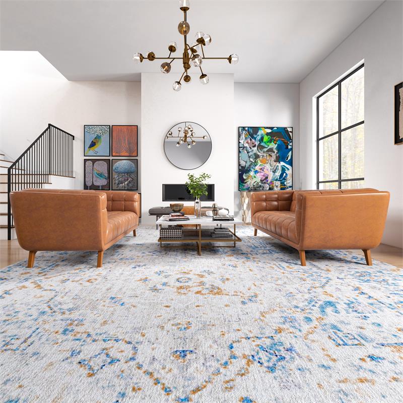 Pemberly Row Mid-Century Modern Leather Sofa Set in Cognac Tan