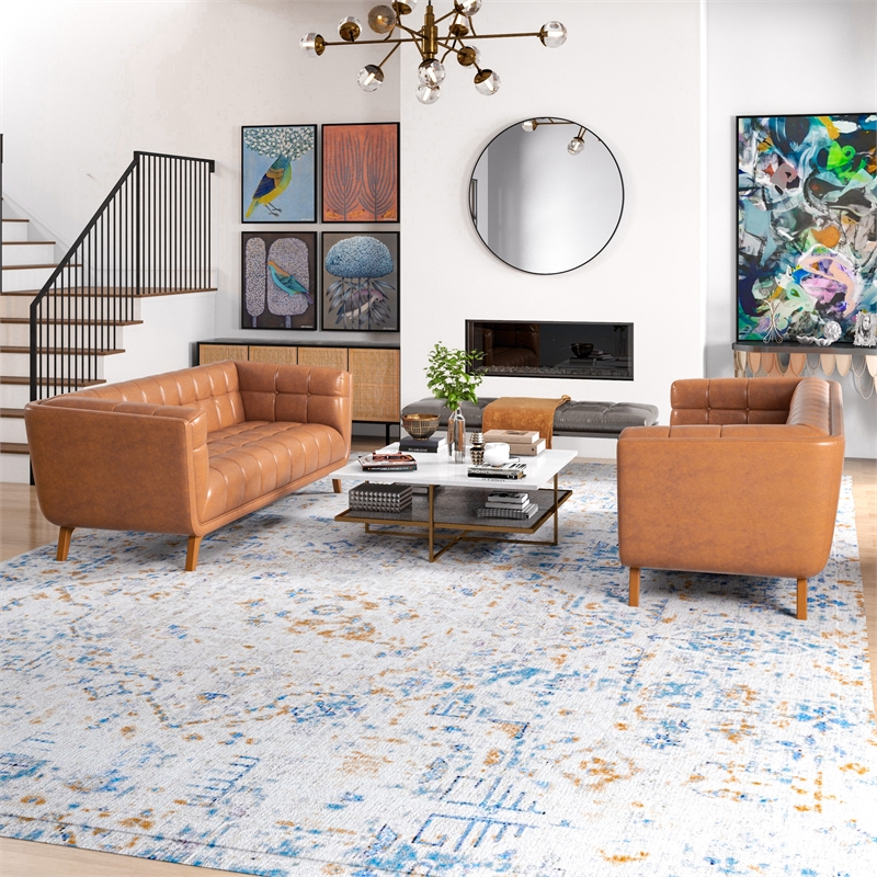 Pemberly Row Mid-Century Modern Leather Sofa Set in Cognac Tan