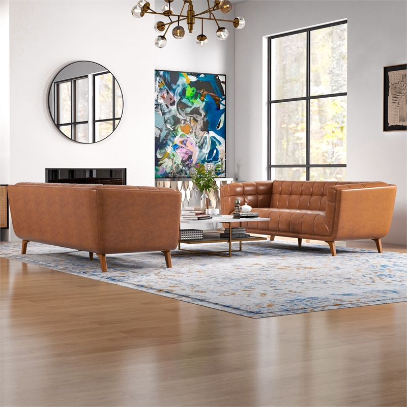 Pemberly Row Mid-Century Modern Leather Sofa Set in Cognac Tan