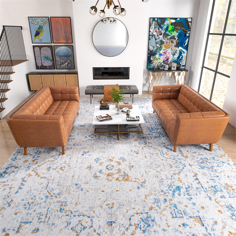 Pemberly Row Mid-Century Modern Leather Sofa Set in Cognac Tan