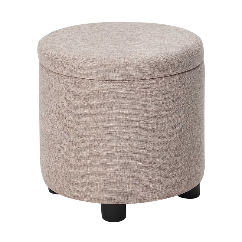 Pemberly Row Round Accent Storage Ottoman with Reversible Tray Lid in Tan Fabric