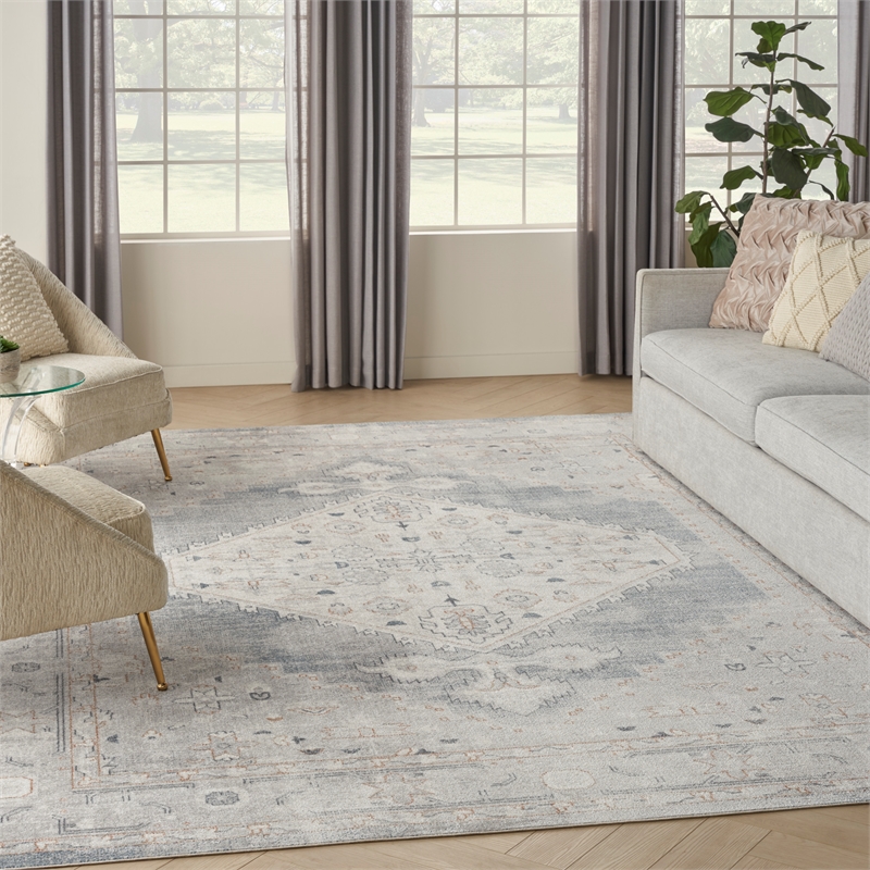 Pemberly Row Machine Washable 9' x 12' Light Blue Vintage Indoor Rug