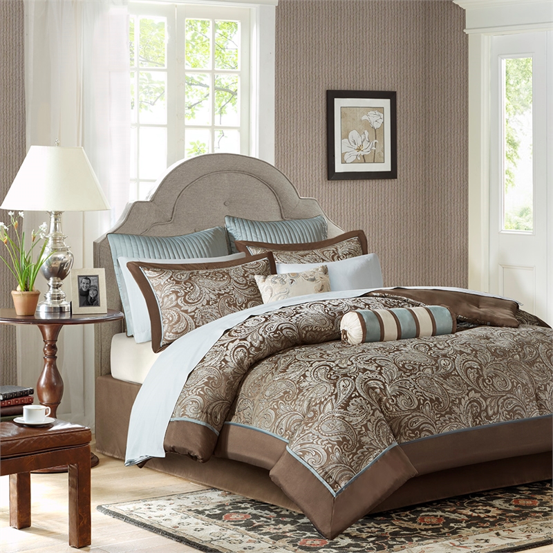 Pemberly Row Contemporary 12 Piece Complete Bed Set in Blue/Brown