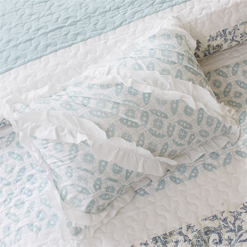 Pemberly Row 6 Piece Cotton Percale Quilt Set with Throw Pillows in Blue