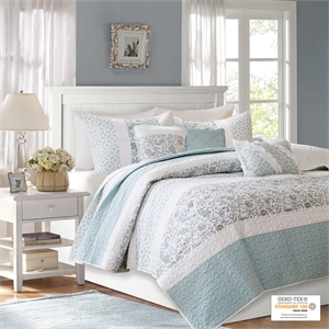 Pemberly Row 6 Piece Cotton Percale Quilt Set with Throw Pillows in Blue