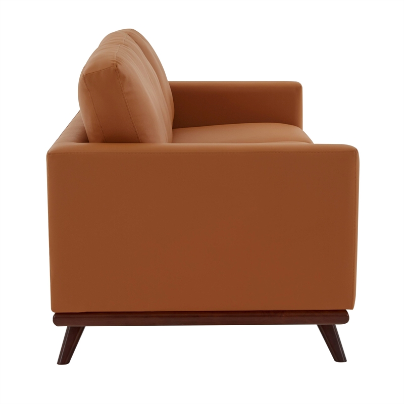 Pemberly Row Modern Faux Leather Sofa with Birch Wood Base Cognac Tan