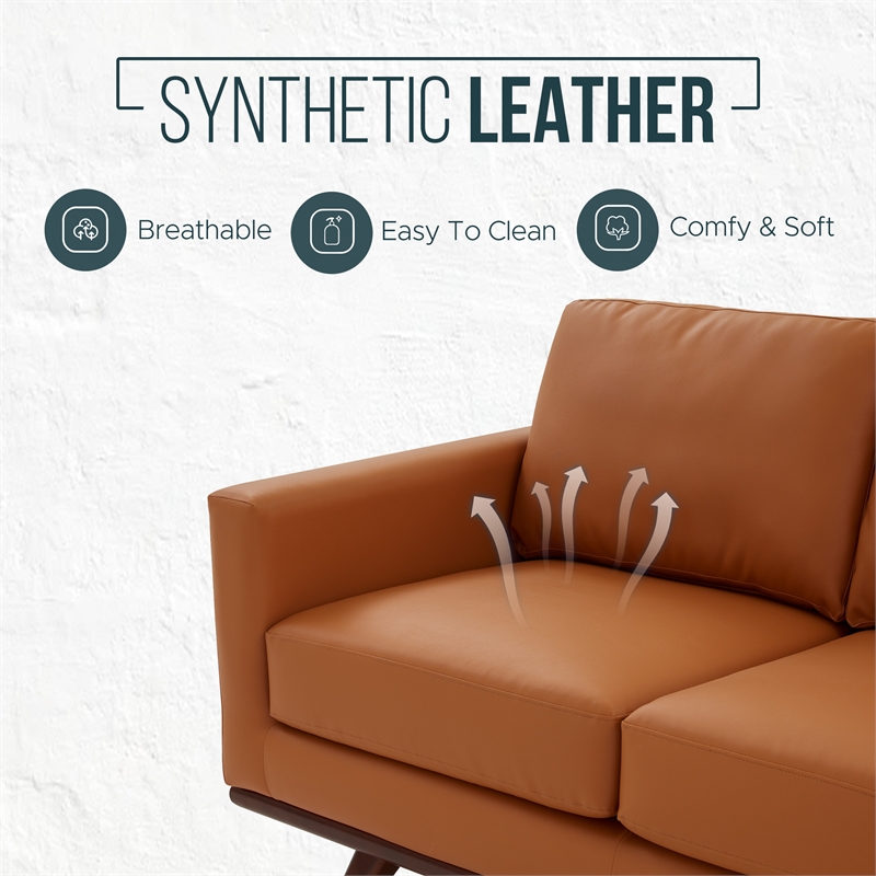 Pemberly Row Modern Faux Leather Sofa with Birch Wood Base Cognac Tan
