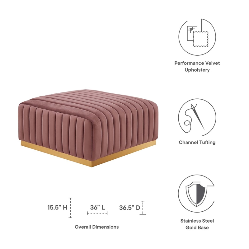 Pemberly Row Channel Tufted Performance Velvet Ottoman in Gold/Dusty Rose