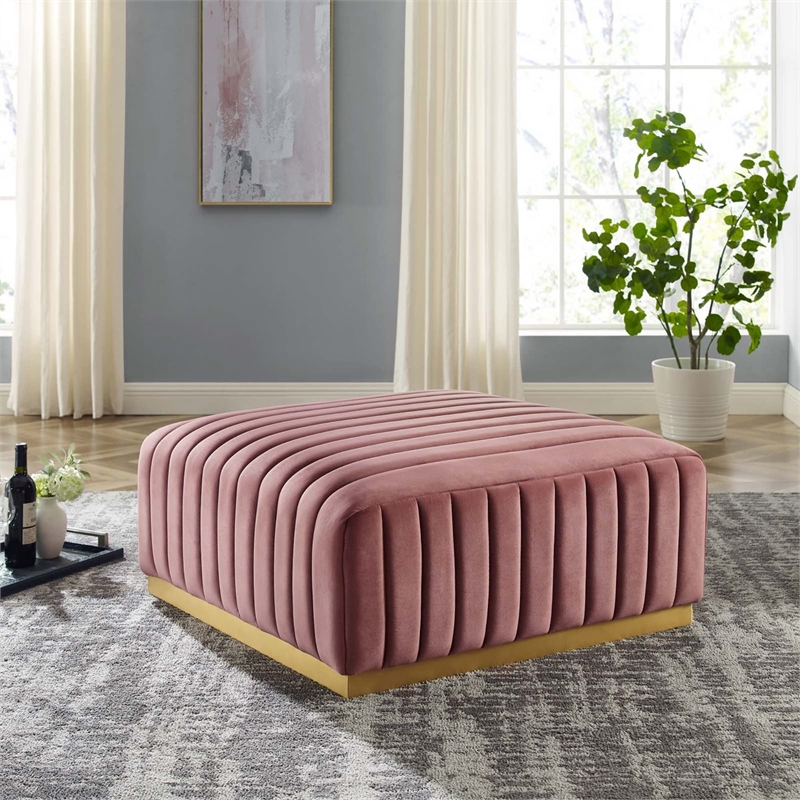 Pemberly Row Channel Tufted Performance Velvet Ottoman in Gold/Dusty Rose