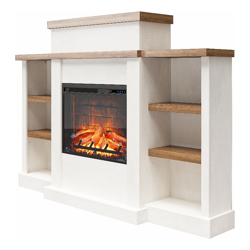 Pemberley Row Laminated MDF White Plaster & Walnut Electric Fireplace Mantel & Bookcase Rectangular Adjustable Shelving 45.4
