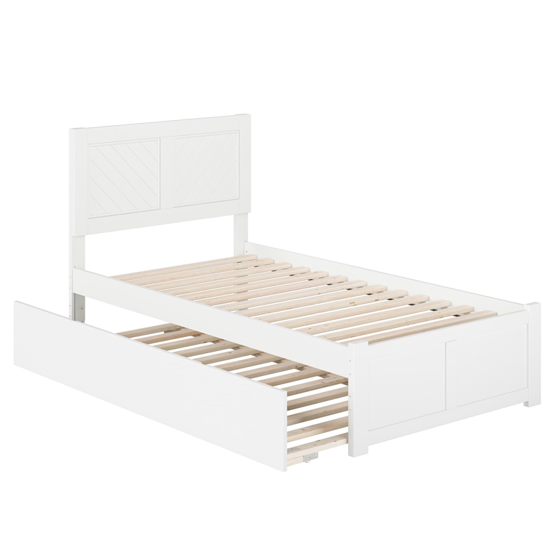 Pemberly Row Twin Solid Wood Platform Bed with Footboard & Twin Trundle in White