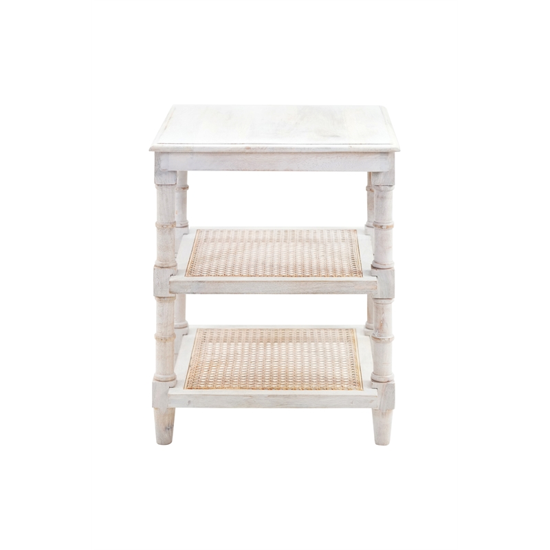 Pemberly Row Chesterfield Wood & Cane Accent Table in Whitewash