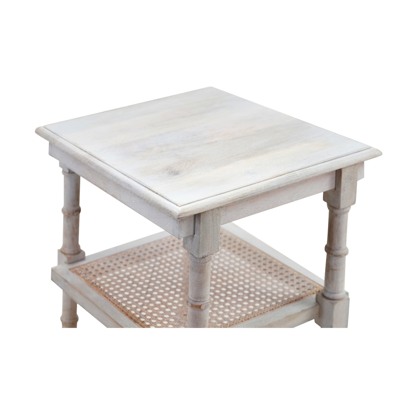 Pemberly Row Chesterfield Wood & Cane Accent Table in Whitewash
