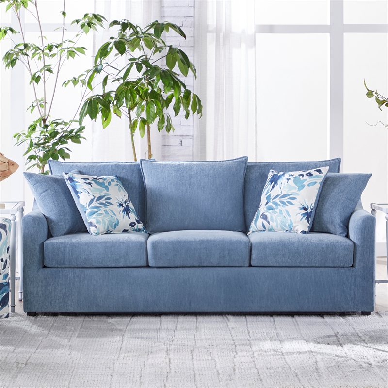 Pemberly Row Fabric Sofa with 4 Accent Pillows in Blue Slate