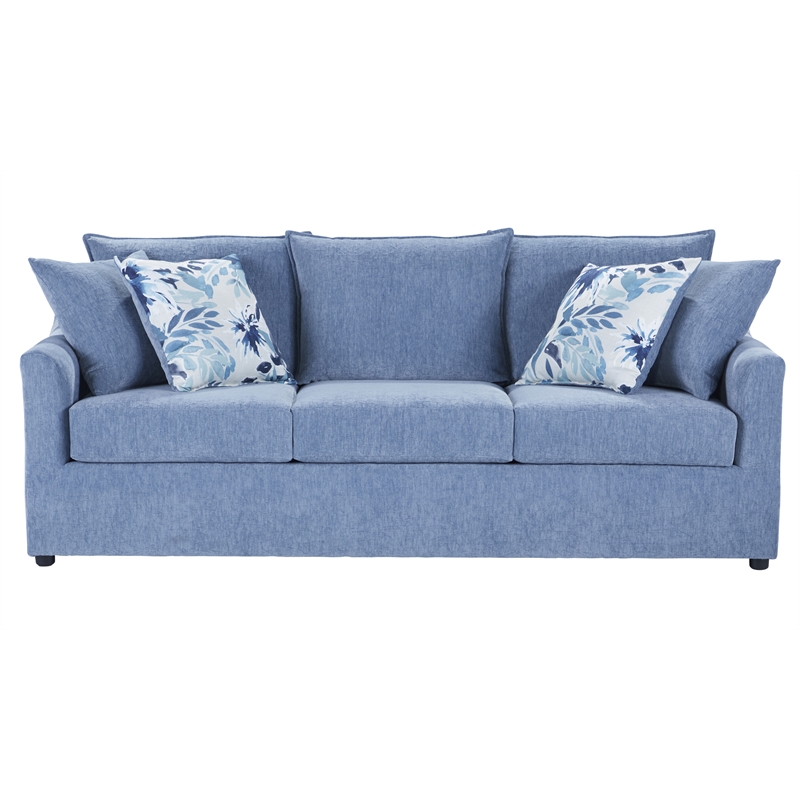 Pemberly Row Fabric Sofa with 4 Accent Pillows in Blue Slate
