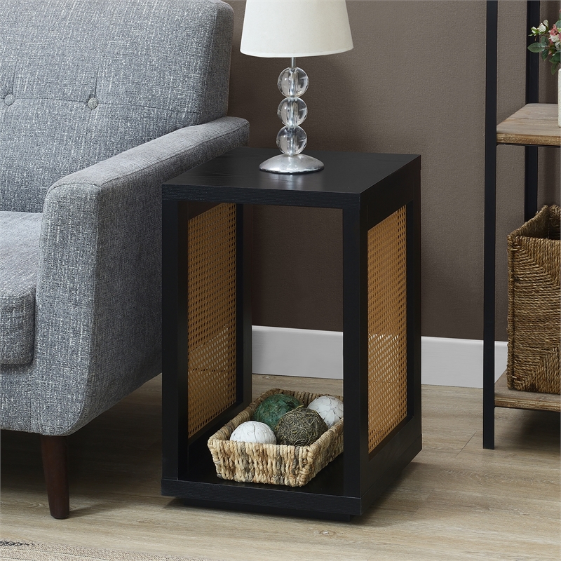 Pemberly Row Weave End Table with Shelf in Black Wood Finish and Beige Sides