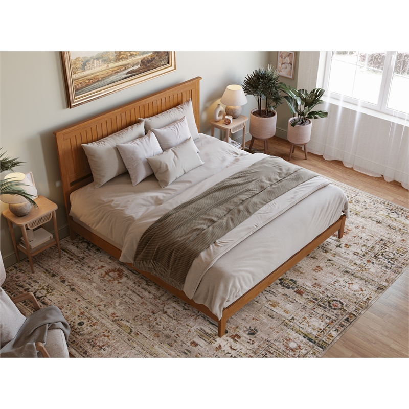 Pemberly Row Contemporary King Solid Wood Foundation Bed in Light Toffee