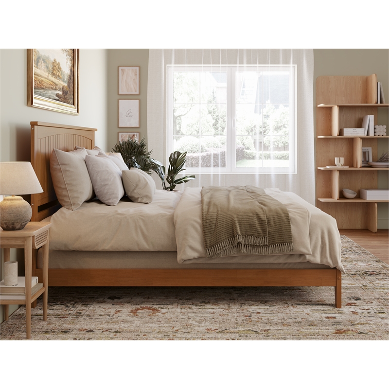 Pemberly Row Contemporary King Solid Wood Foundation Bed in Light Toffee
