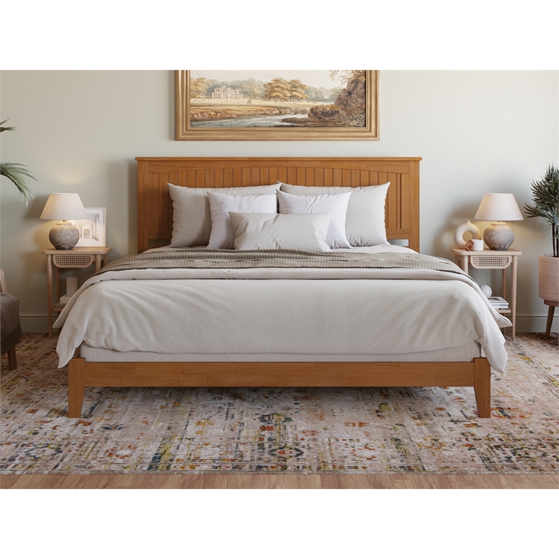 Pemberly Row Contemporary King Solid Wood Foundation Bed in Light Toffee