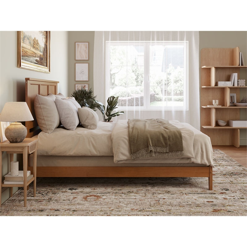 Pemberly Row Queen Solid Wood Foundation Bed in Light Toffee