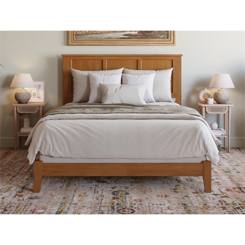 Pemberly Row Queen Solid Wood Foundation Bed in Light Toffee