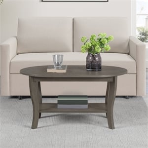 Pemberly Row Oval Coffee Table with Shelf in Gray Wood Finish